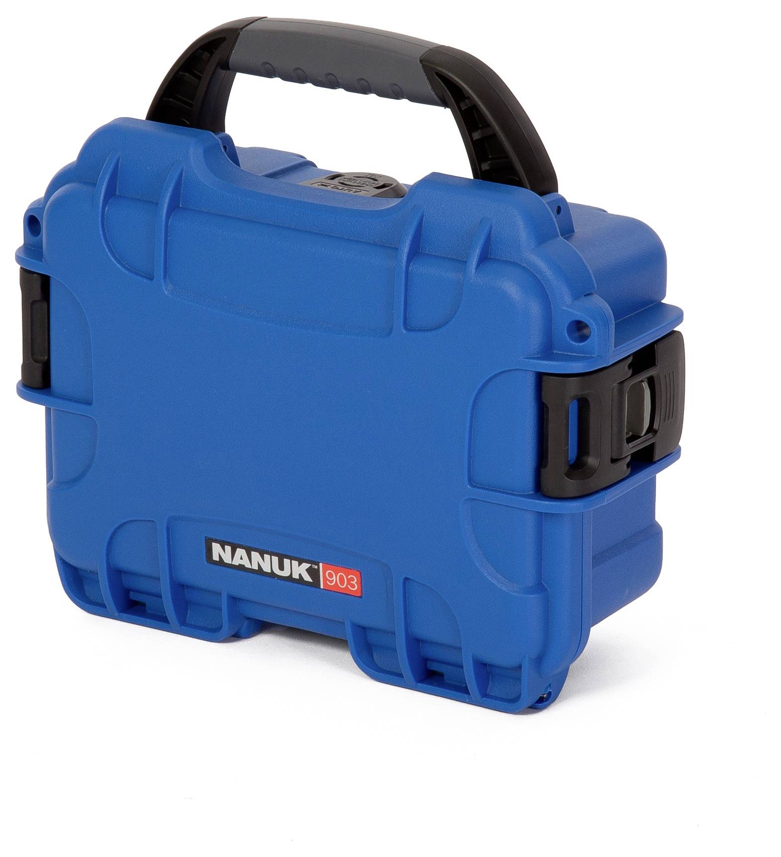 Blue hard-shell suitcase with black handle and locks. 'Nanuk 903' printed on the front. Ideal for protection and transportation.
