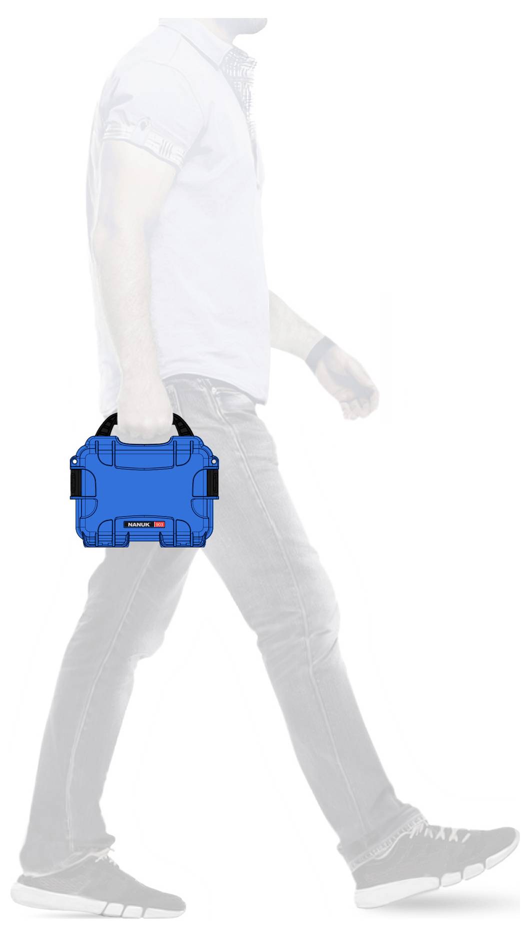 A person is carrying a blue toolbox in their right hand.