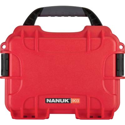A red Nanuk 903 protective case with a black handle, robust design for secure transportation of delicate items.