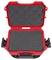 Red, open protective case with foam inserts, suitable for securely storing delicate items.
