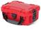 Red, robust transport case with black latches and handle. Suitable for securely transporting delicate items.