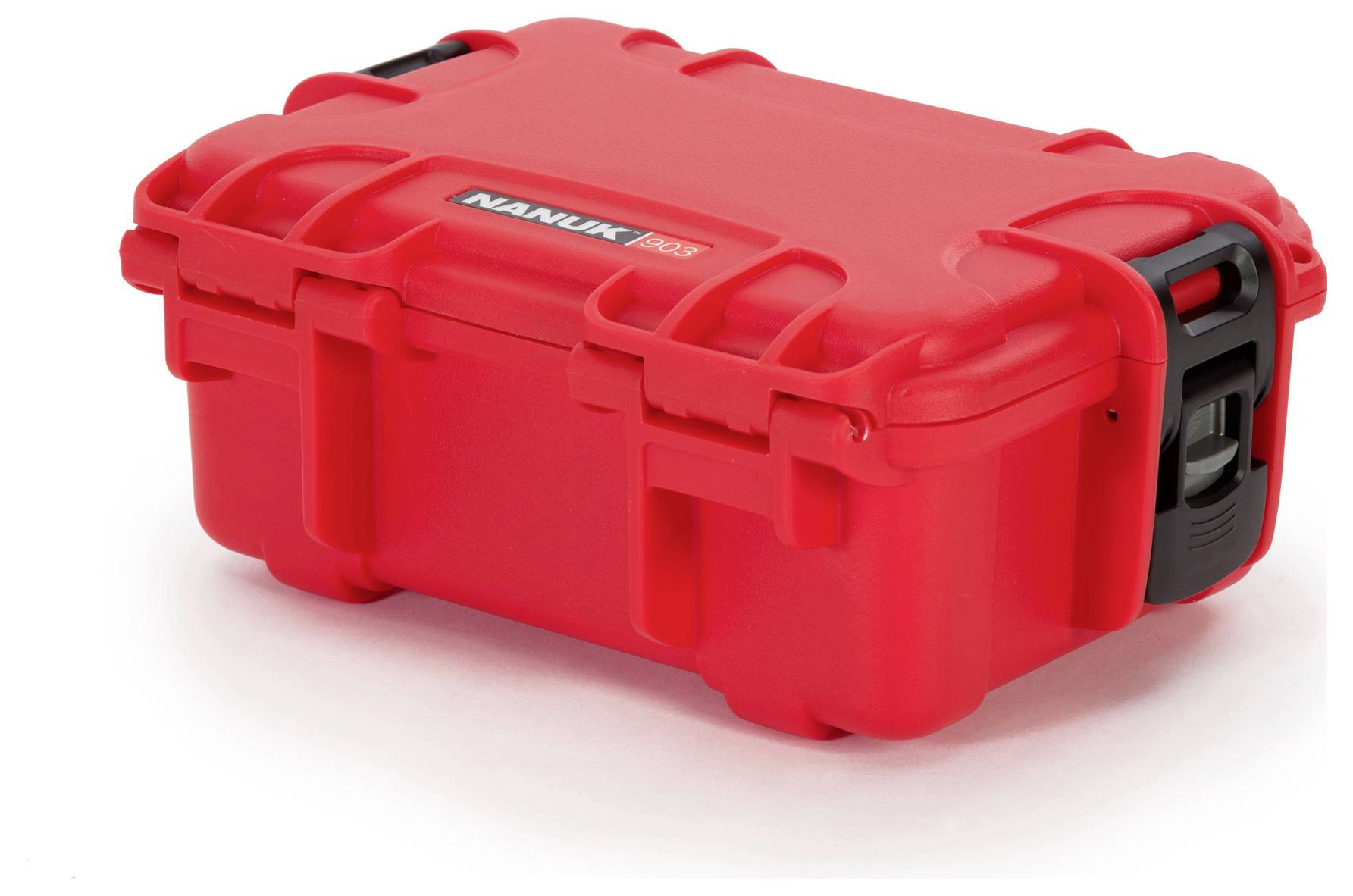 Red, robust protective case with black fastening, suitable for securely transporting delicate items.