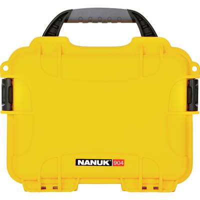 Yellow protective case with black handle and side straps, front-printed with 'Nanuk 904' logo. Robust design for secure transportation.