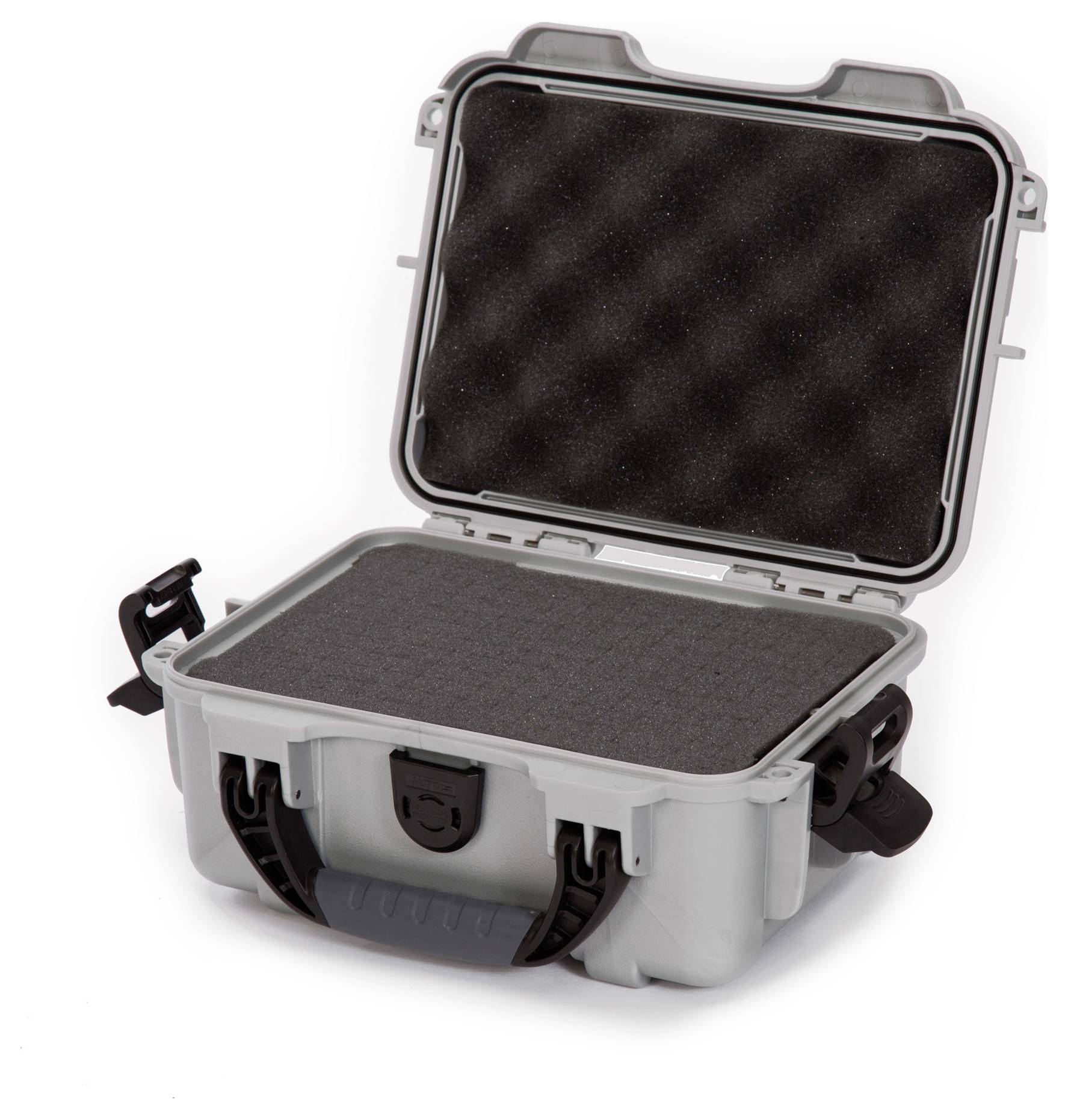 Grey, open protective case with black foam interior lining. Suitable for safely transporting delicate items.