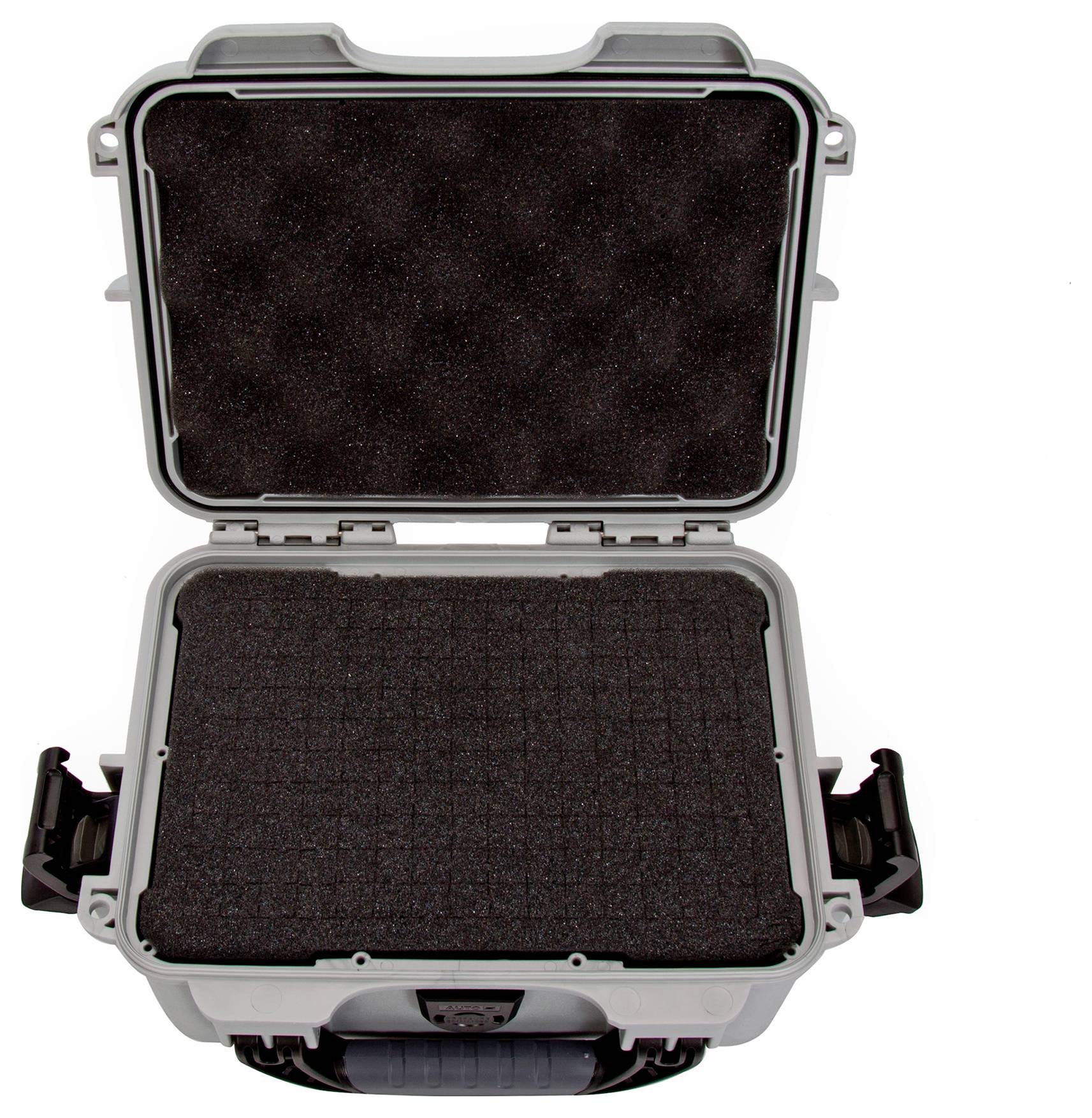 'Opened grey protective case with black foam interior.'