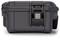Black, robust suitcase with a sturdy closure mechanism, suitable for secure transportation of electronic devices or delicate equipment.