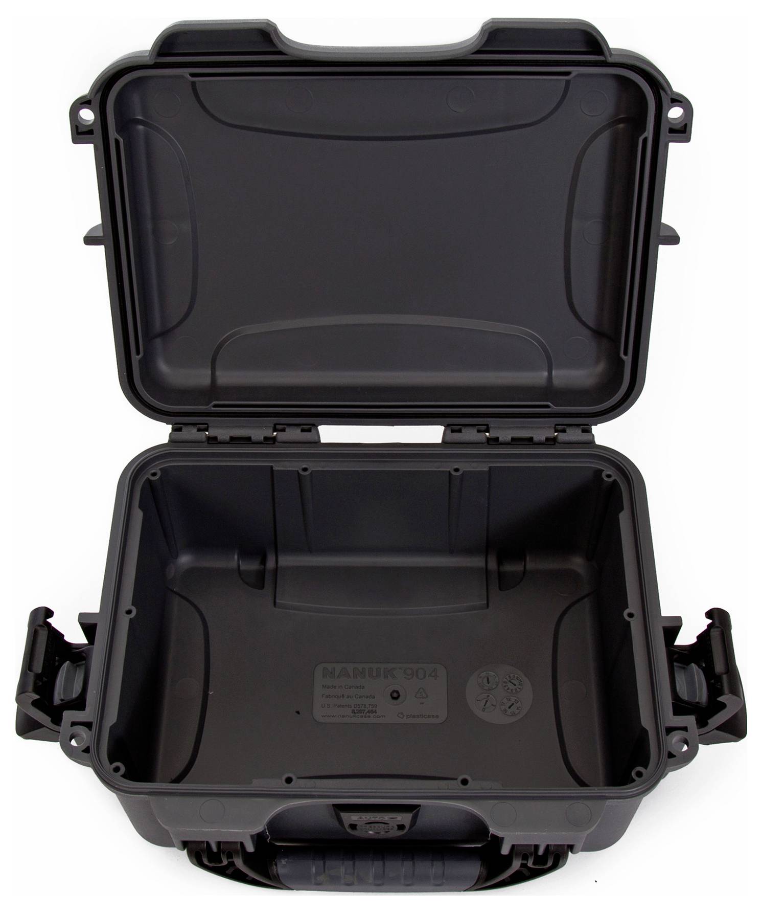Open, empty, black hard-shell plastic case with a robust locking mechanism. Ideal for secure transportation and protection.