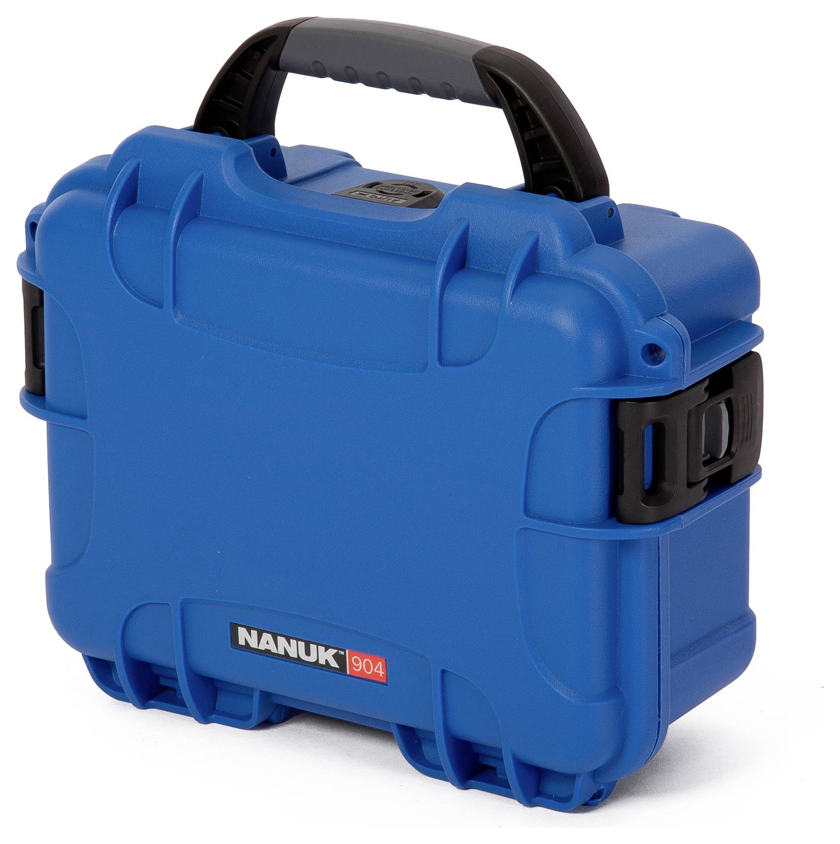 Blue protective case with sturdy handle, snap locks, and 'NANUK 904' logo. Suitable for secure transportation of equipment.