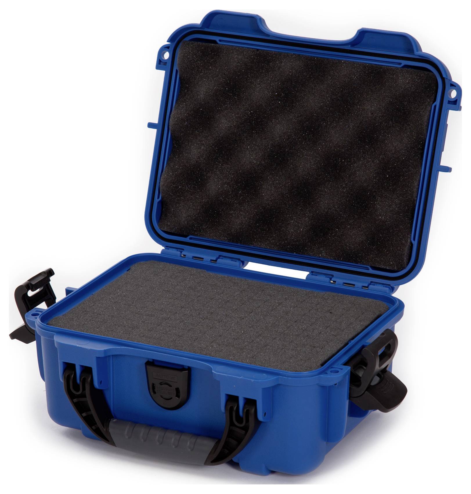 Blue, opened protective case with black foam interior lining, suitable for the safe transportation of delicate equipment.