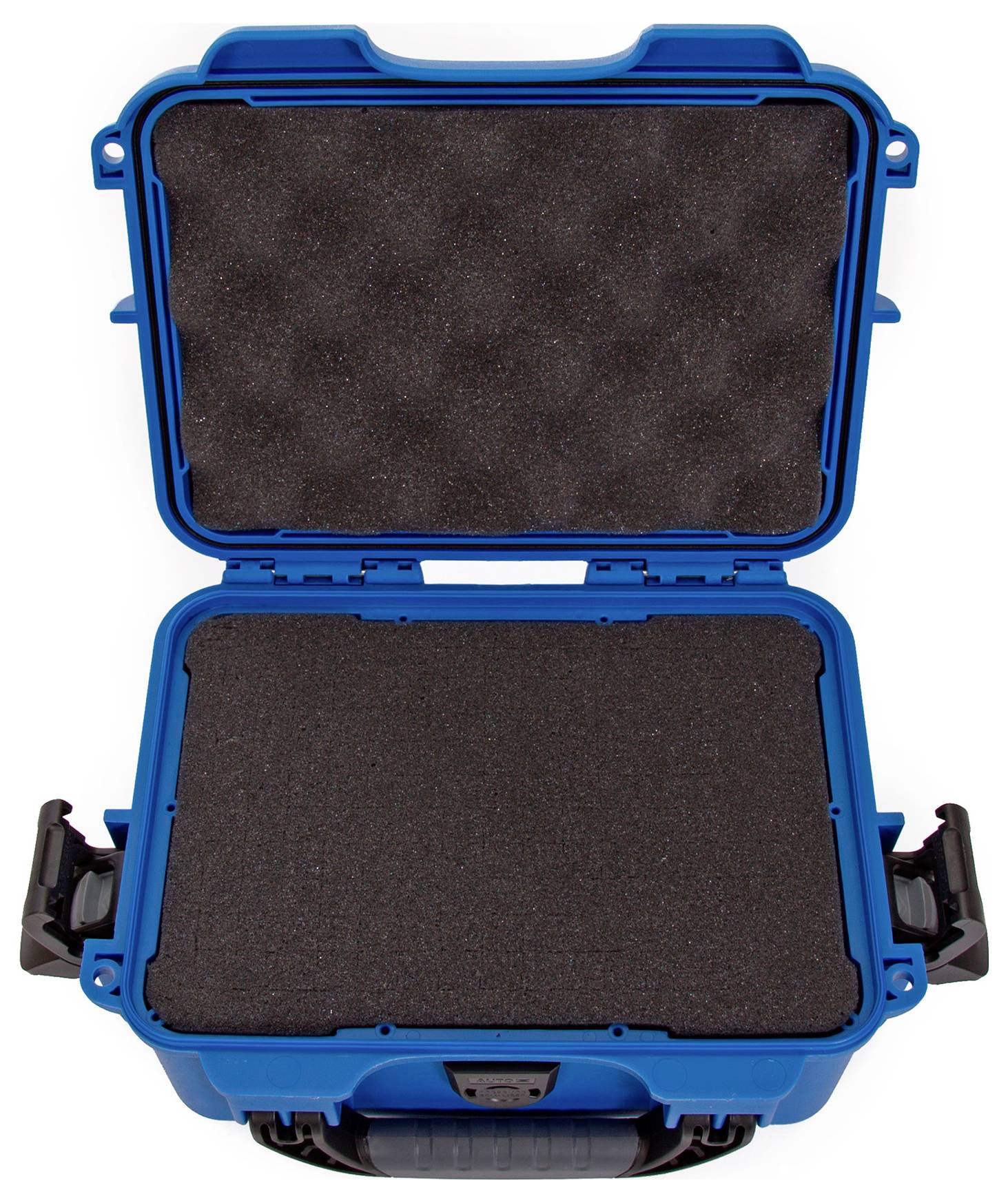 Blue, open hard-shell case with black foam interior, suitable for securely storing delicate items.