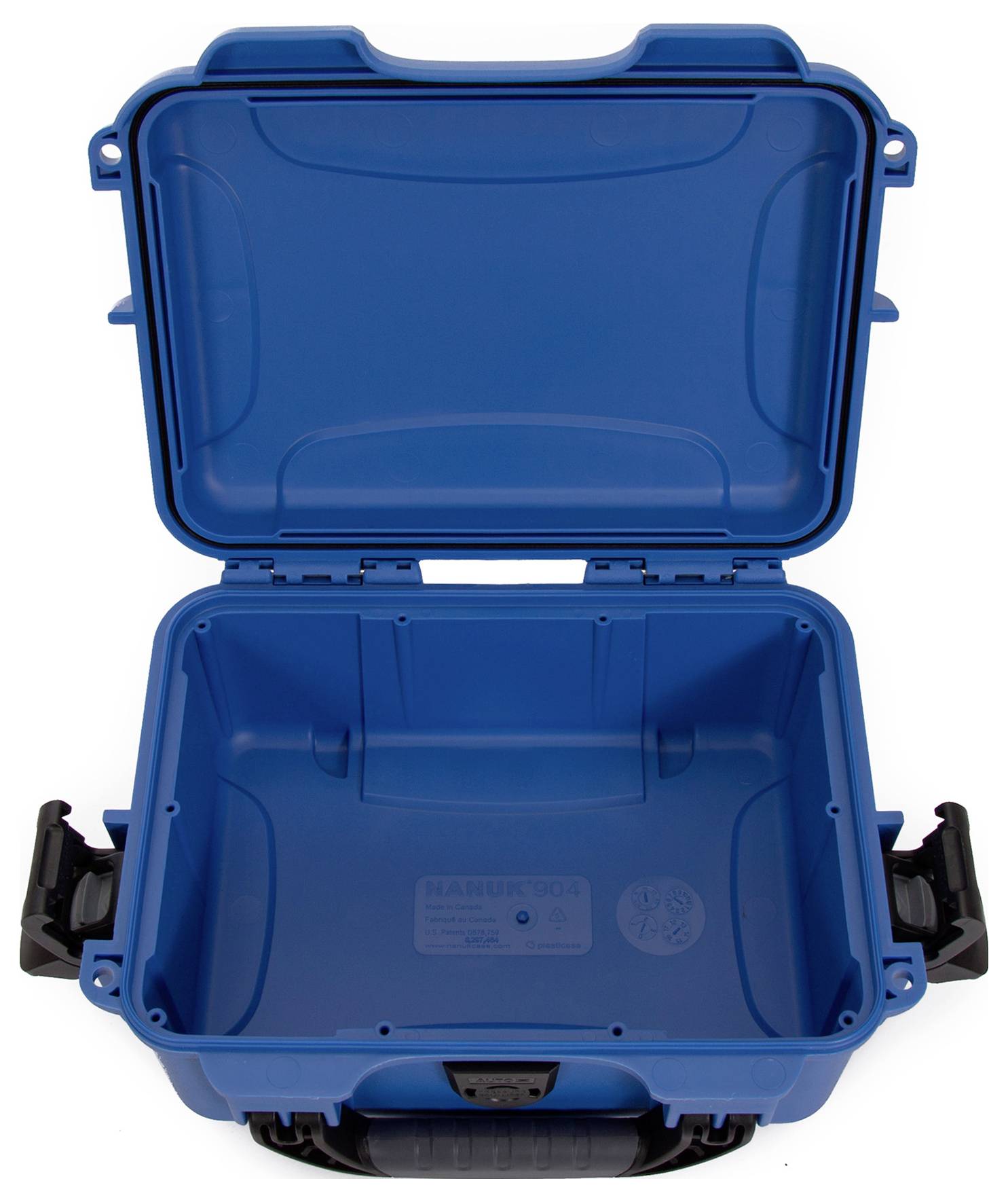 Open blue hard-shell suitcase with black handle and locks, empty, suitable for the secure transportation of equipment or tools.