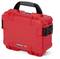 Red, robust suitcase with a black handle. 'Nanuk 904' label on the front.