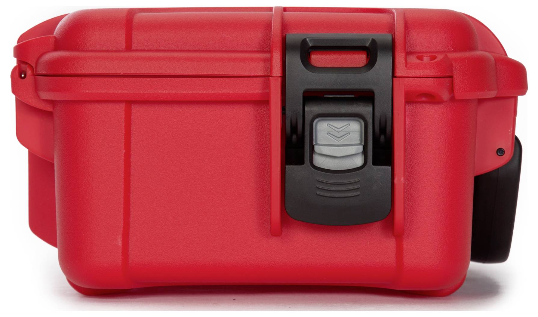 A red, robust-looking protective case with a black fastener, suitable for secure transportation and storage of sensitive equipment.