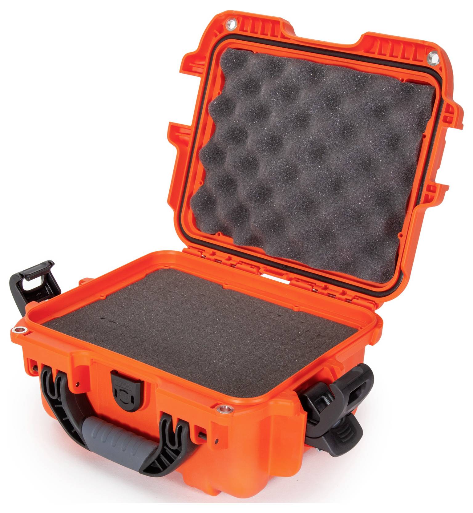 Orange protective case with open lid, showing foam padding inside. Suitable for safely transporting delicate items.