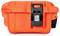 An orange plastic suitcase with a black locking mechanism.