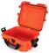 Empty, orange, open suitcase with a black handle, suitable for protecting and storing delicate items.