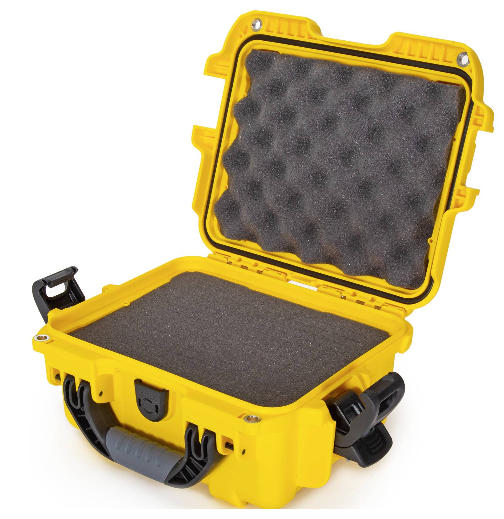 Yellow, open protective case with foam padding for secure transportation of delicate items.