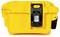 Yellow, rectangular, robust suitcase with a black fastener in the centre.