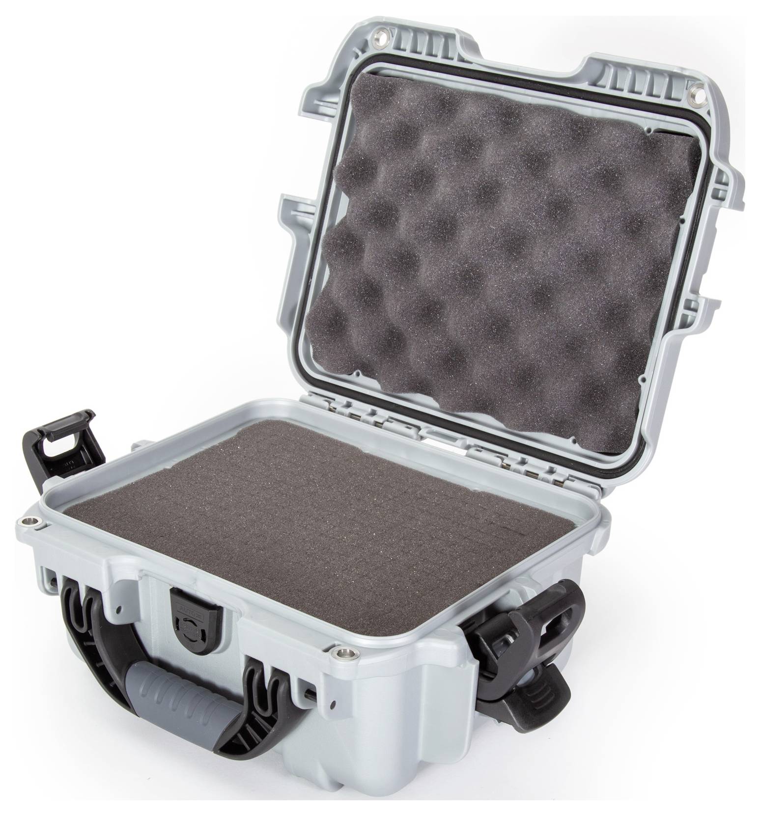 Grey, open hard-shell case with foam padding for secure transportation of delicate items.