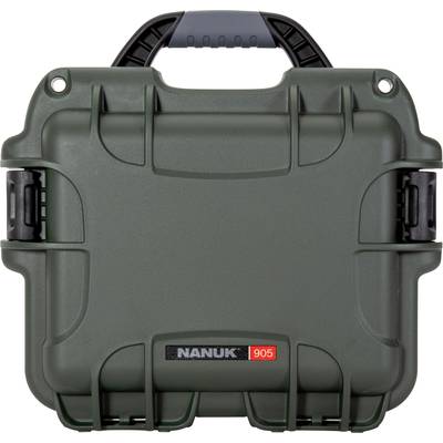 Green, robust protective case with carry handle and security locks. Marked with 'Nanuk 905'.