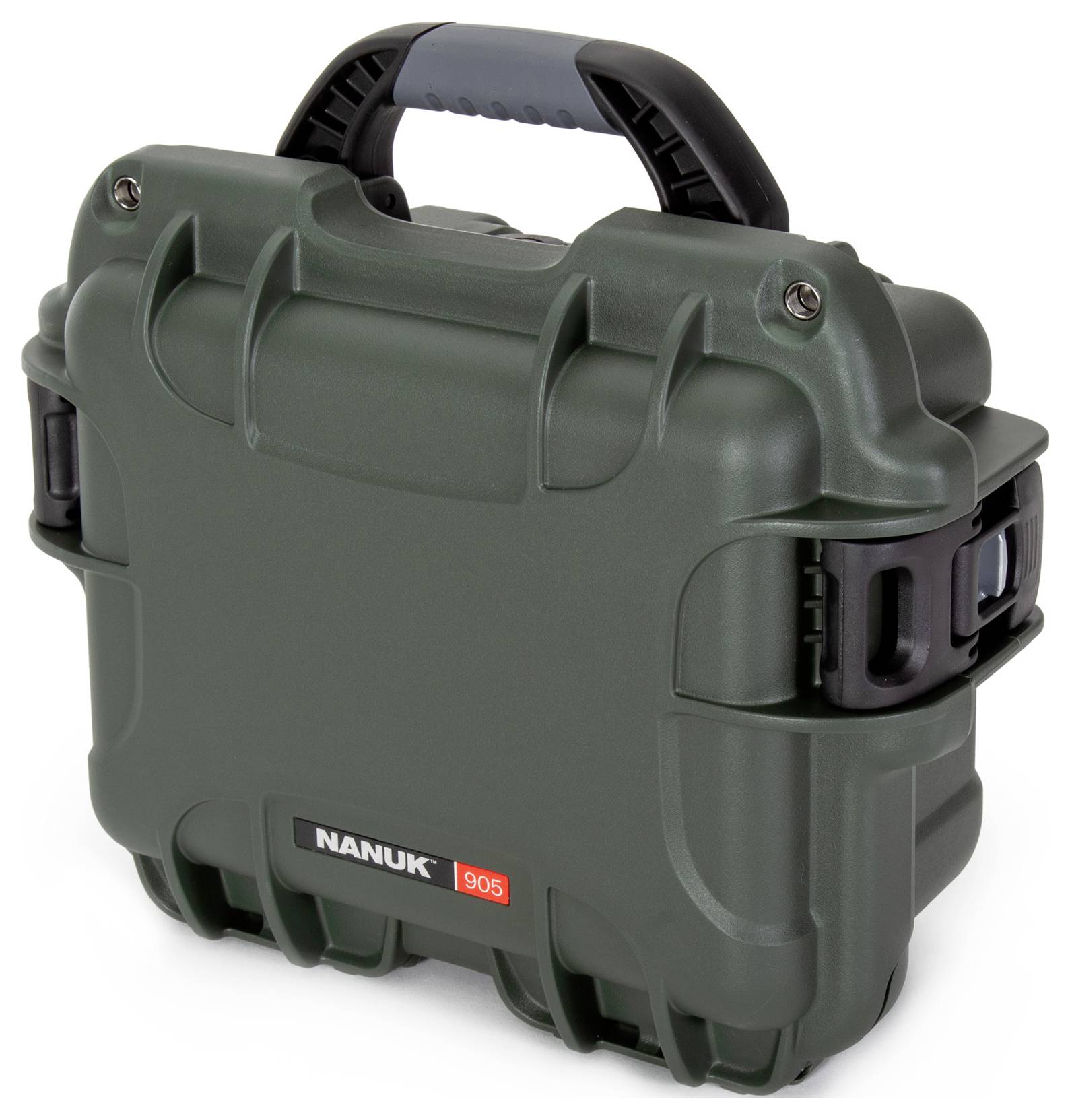 Green, robust protective case with handle, suitable for the safe transport of delicate equipment. Brand name 'Nanuk 905' visible.