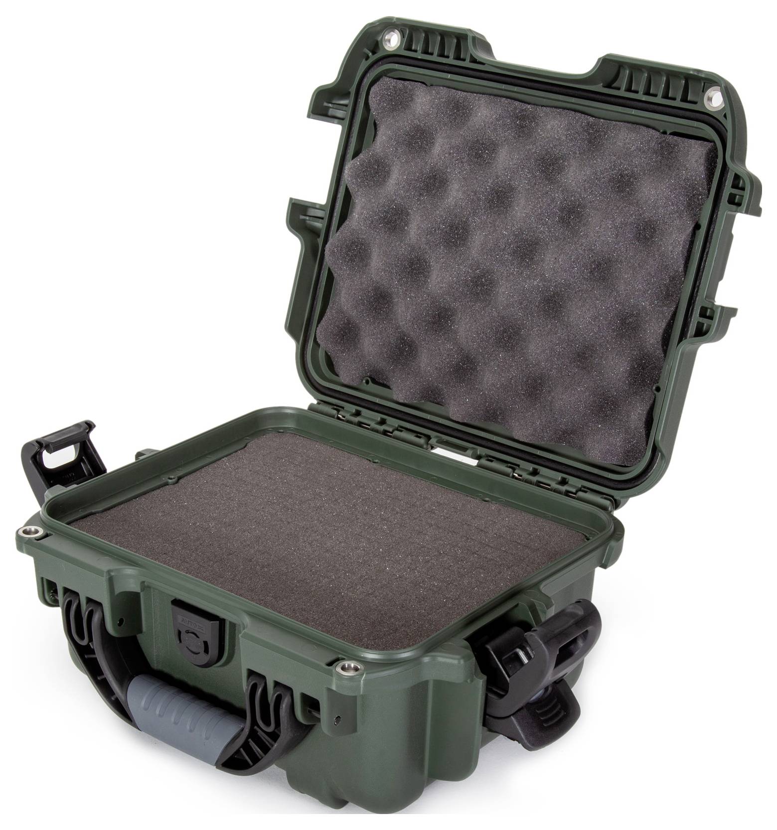 A green, open hard-shell case with foam lining, ready for storing or protecting delicate items.
