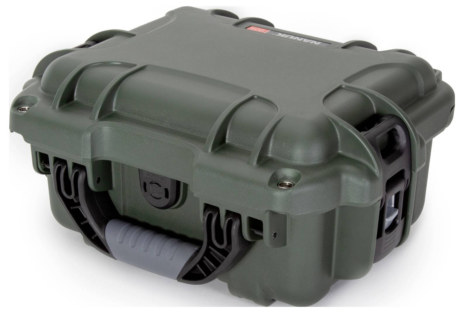 Green, robust protective case with carry handle and locks, suitable for securely storing delicate items.