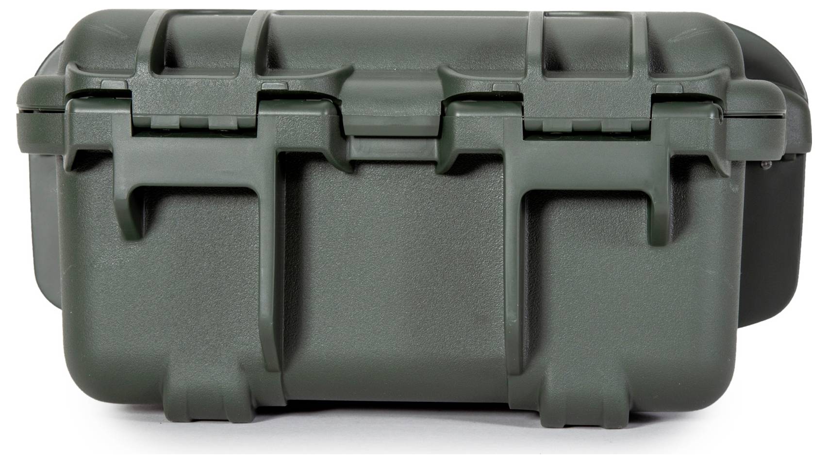 A closed, robust, dark green plastic case, suitable for the secure transportation of sensitive equipment.