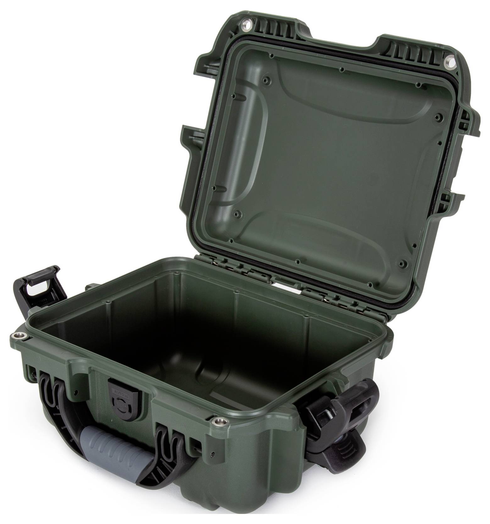 Green, robust plastic transport box with an open lid and handle, suitable for safely transporting delicate items.