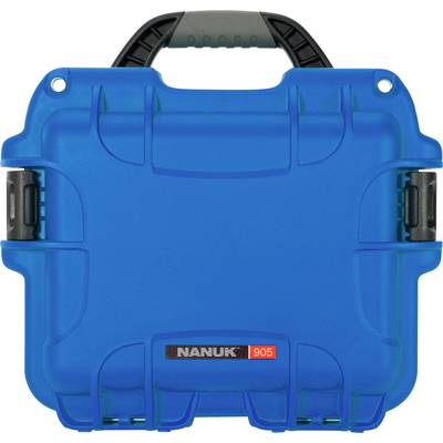 Blue, robust transport case with carry handle, labelled 'NANUK 905', suitable for the secure transportation of delicate items.