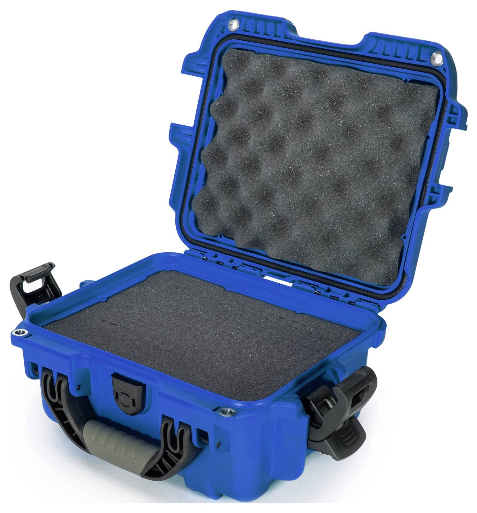 A blue, open, impact-resistant case with foam padding for the secure storage of delicate equipment.