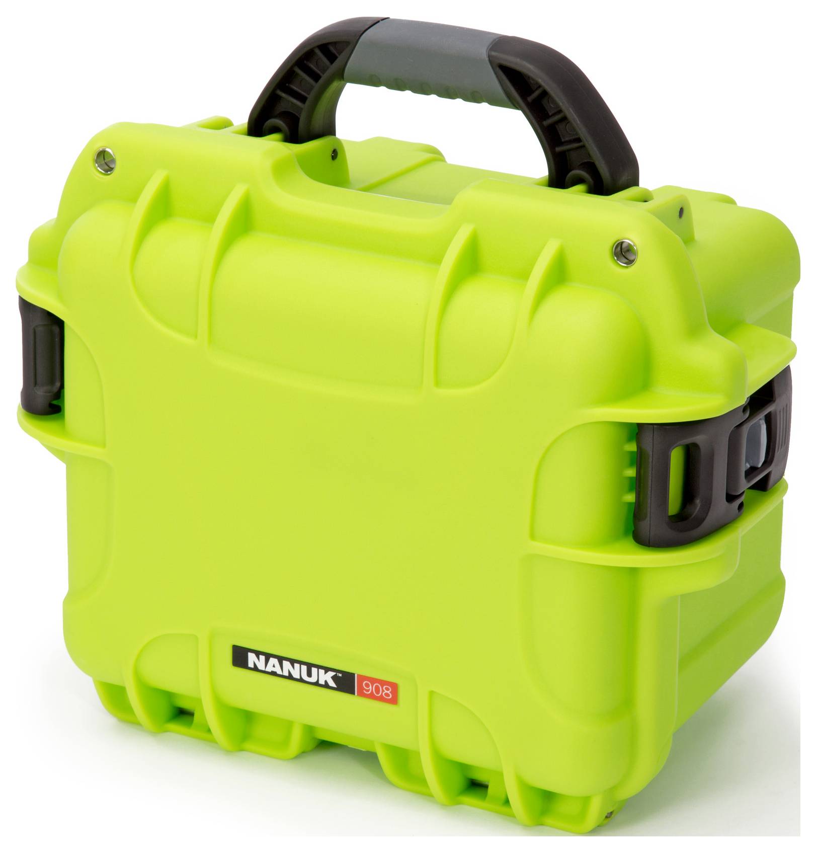 Green protective case with handle, brand 'Nanuk 908', suitable for the safe transportation of delicate items.