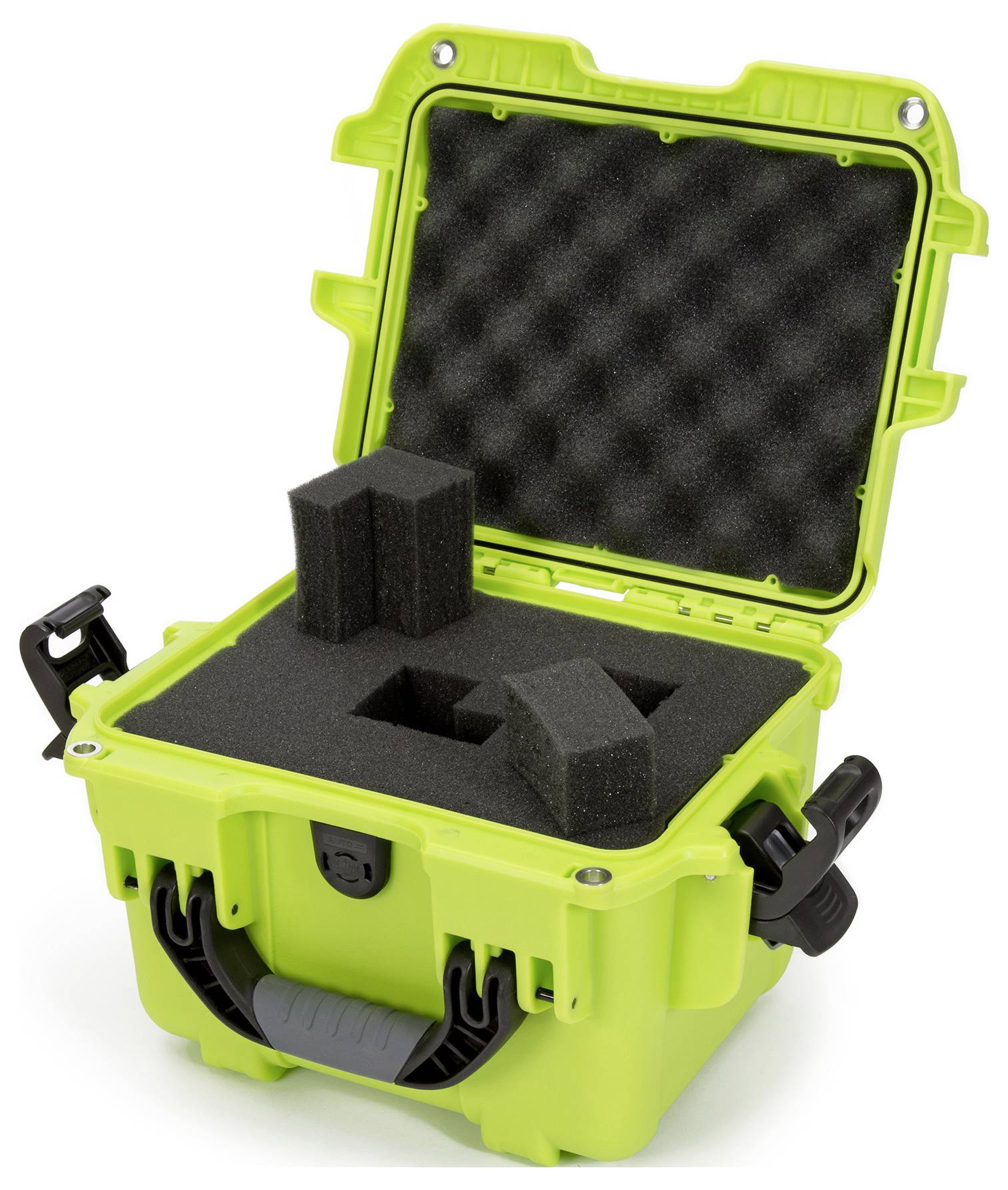 A green plastic case with an open lid reveals an interior lined with black foam, designed for the secure transportation of delicate items.