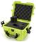 A green plastic case with an open lid reveals an interior lined with black foam, designed for the secure transportation of delicate items.