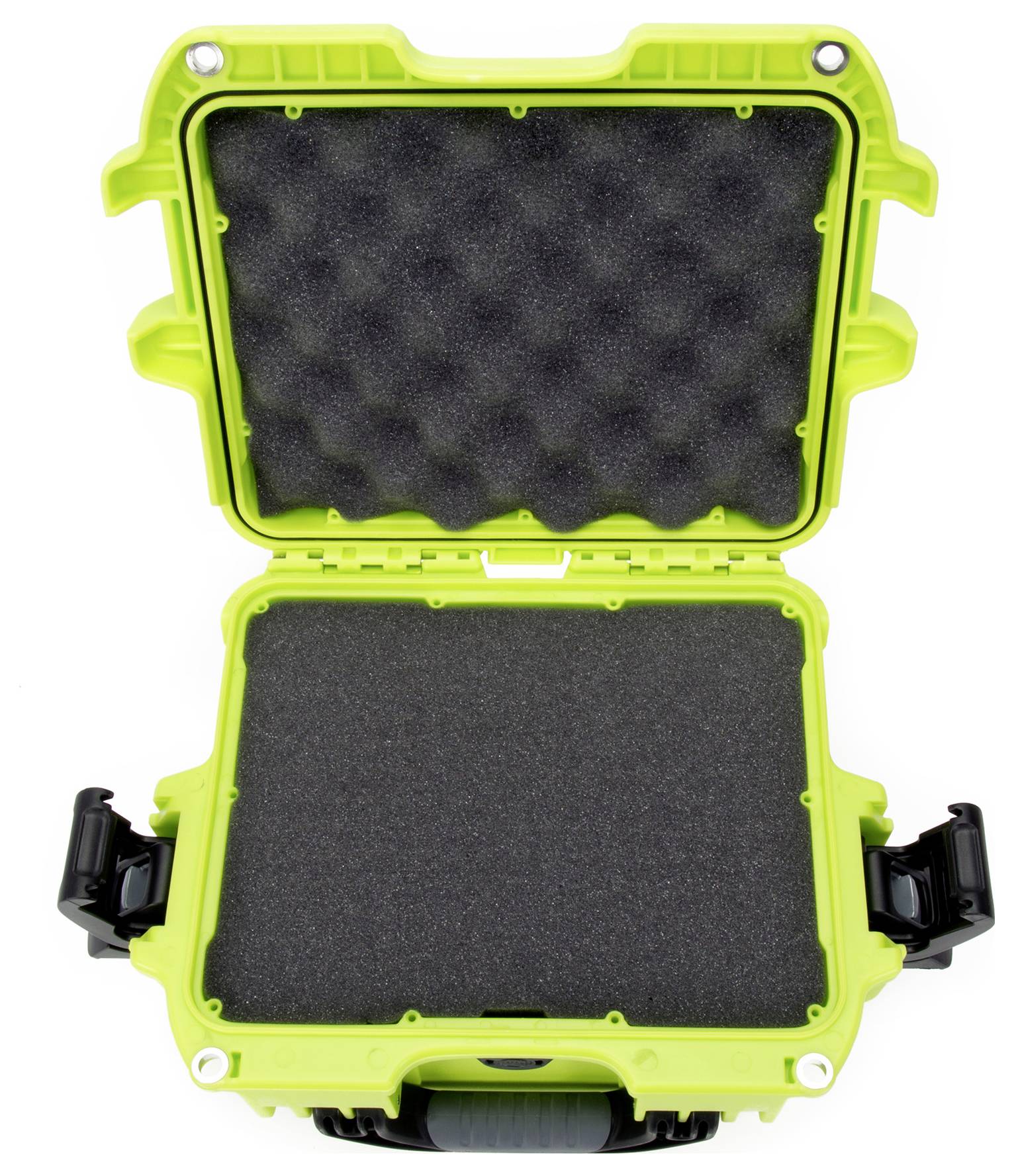 An empty, opened, bright green protective case with black foam interior, ready for storage or transportation.