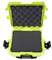 An empty, opened, bright green protective case with black foam interior, ready for storage or transportation.