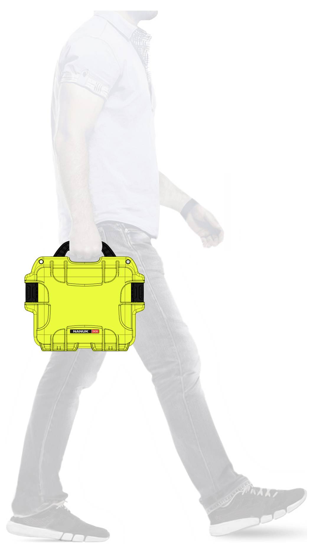 A man is carrying a bright yellow suitcase in his right hand as he walks. The suitcase stands out prominently.