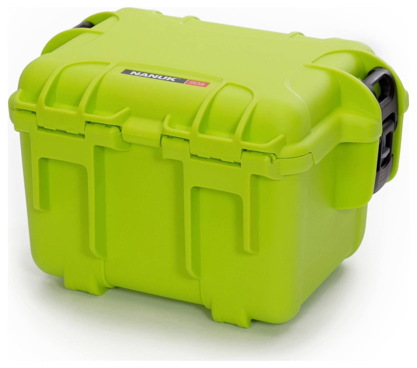 Green, robust protective case with black carry handle, suitable for securely storing delicate items.