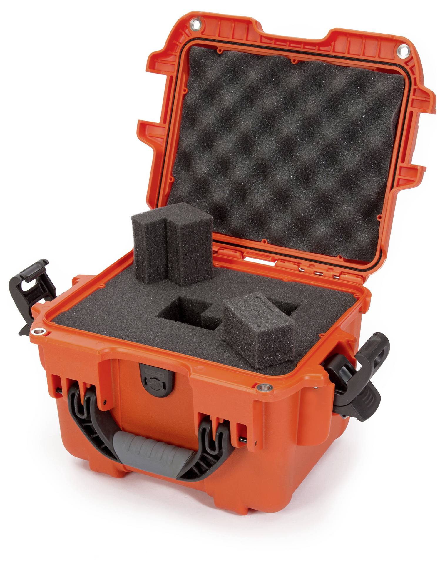 An open, orange protective case with foam lining and cut-outs for securely transporting delicate equipment.