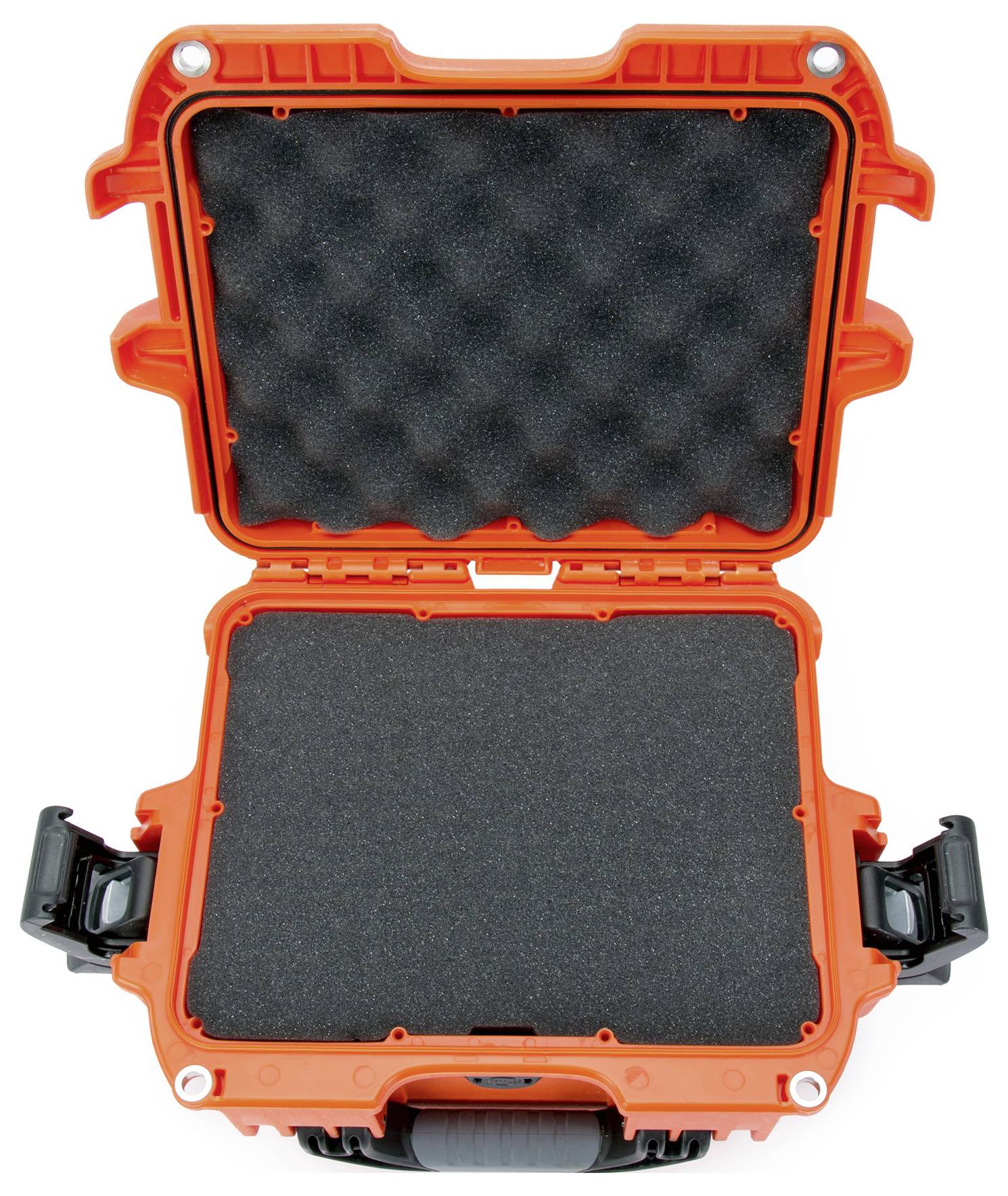 An open, empty, orange protective case with black foam padding for the secure transportation of delicate items.