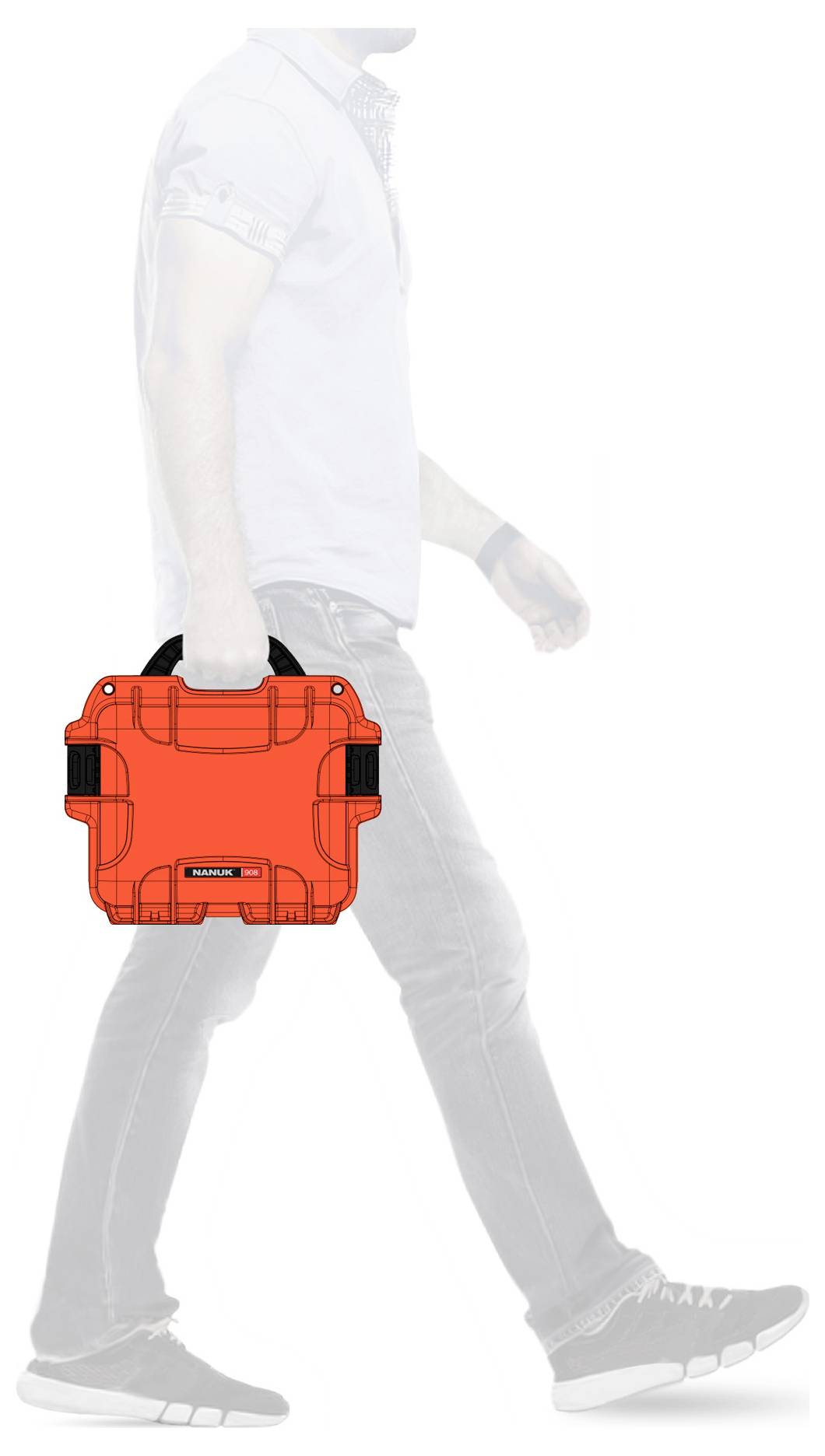 A person is carrying a small, bright orange, square suitcase. The focus is on the suitcase, with the person blurred out.