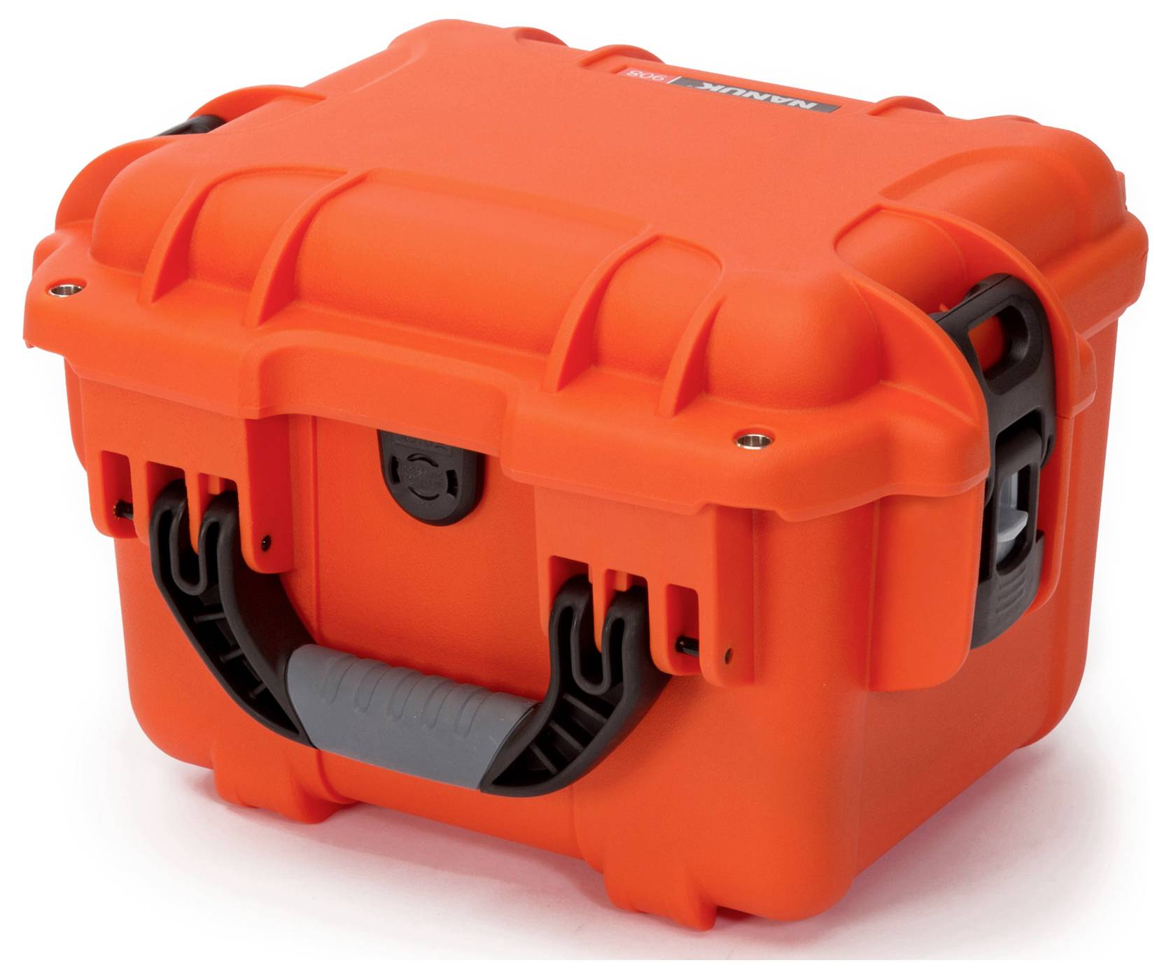 An orange, robust transport case with a black handle and fastenings, suitable for protecting delicate items.