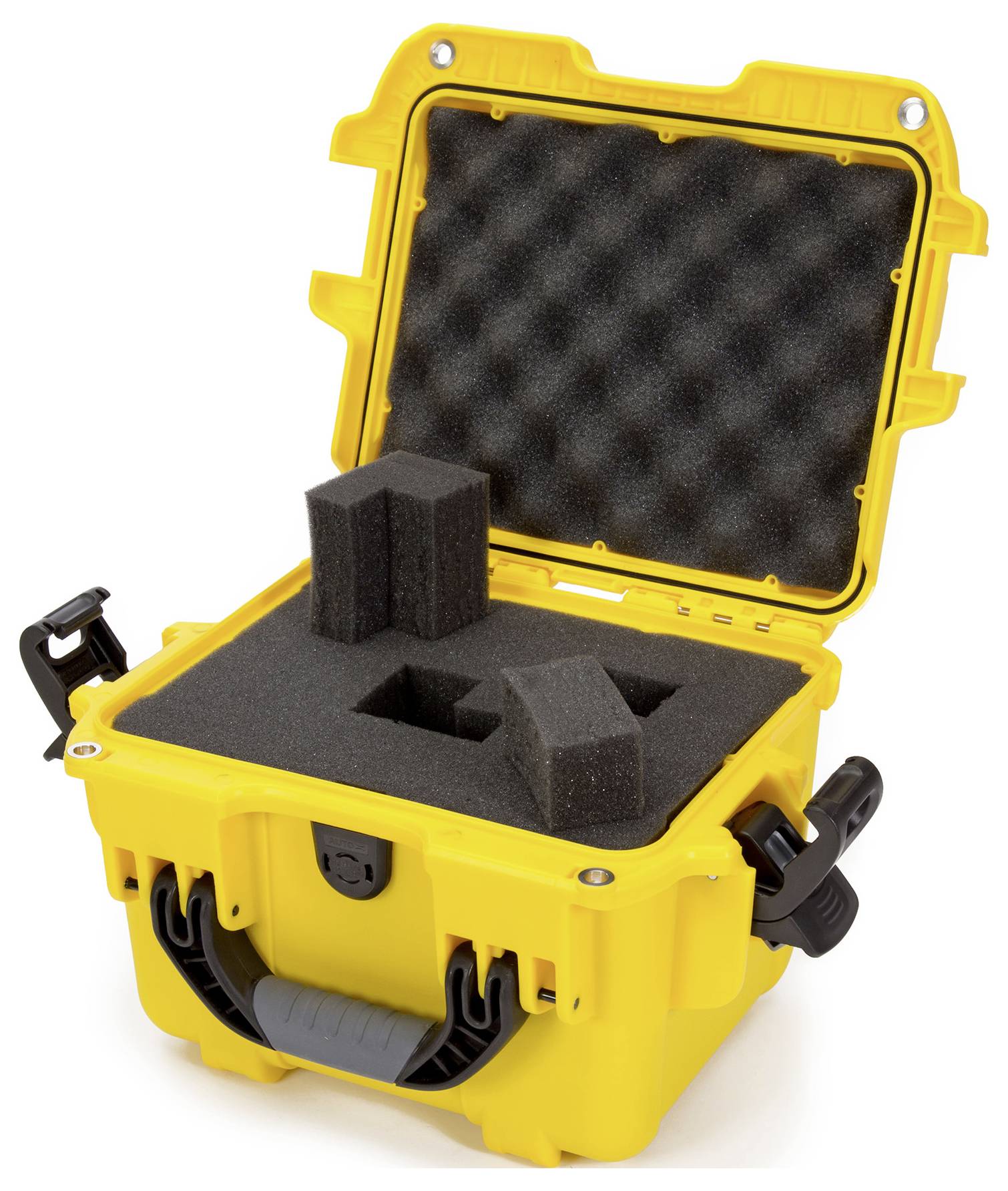 Yellow, open protective case with foam lining and handles, ready for storing or transporting delicate items.