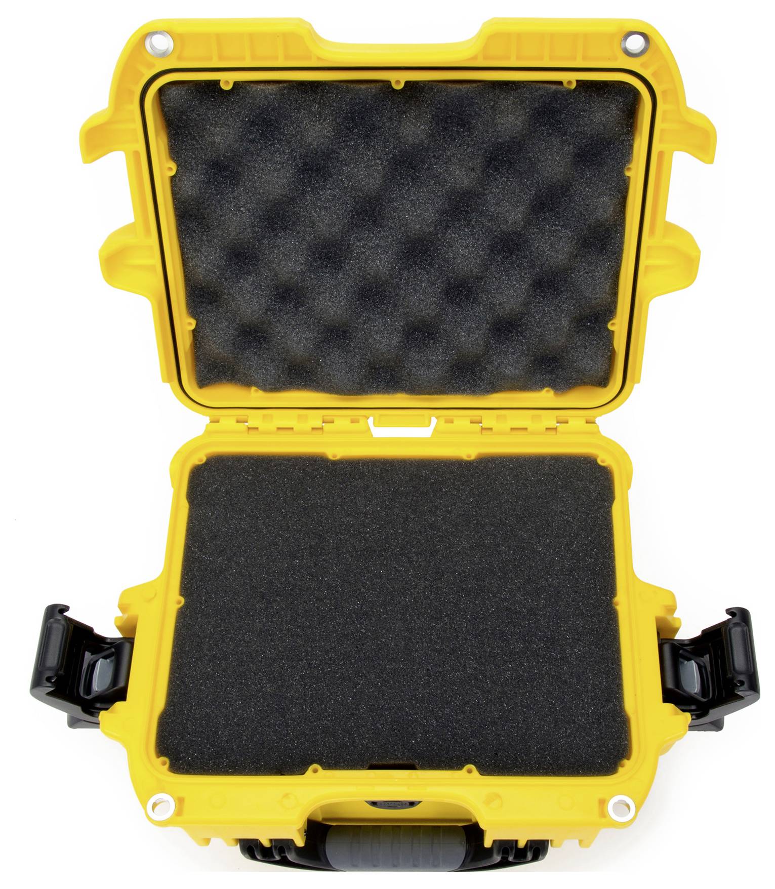 An open, yellow protective case with foam lining for secure transportation of delicate items.