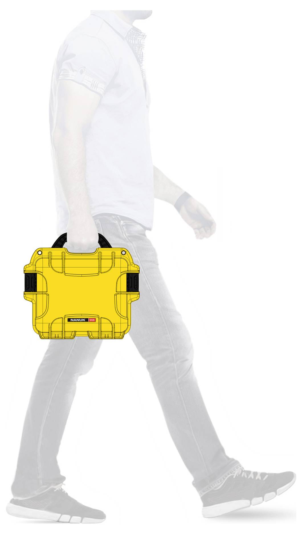 A person is carrying a yellow, robust suitcase while running. The suitcase has black handles and reinforced corners.