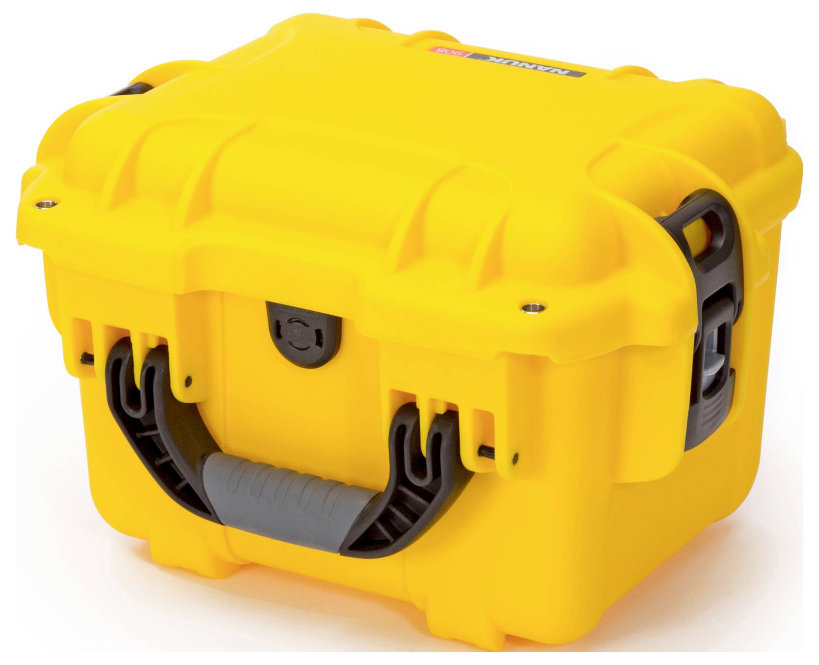Yellow, robust plastic case with black handle and latches. Suitable for the secure transportation of delicate items.