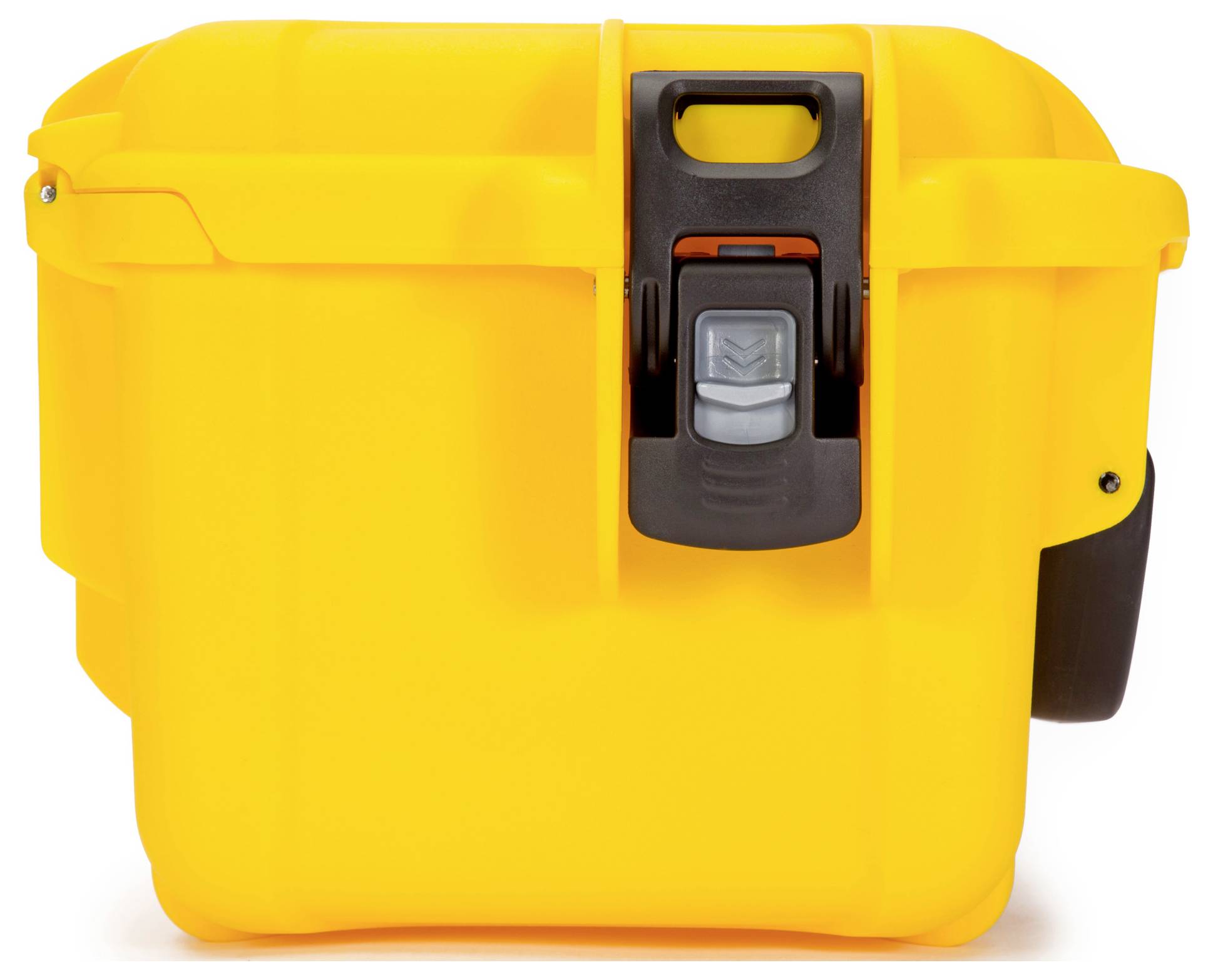 A yellow suitcase with a robust lock and carrying handle, potentially for transporting delicate equipment.