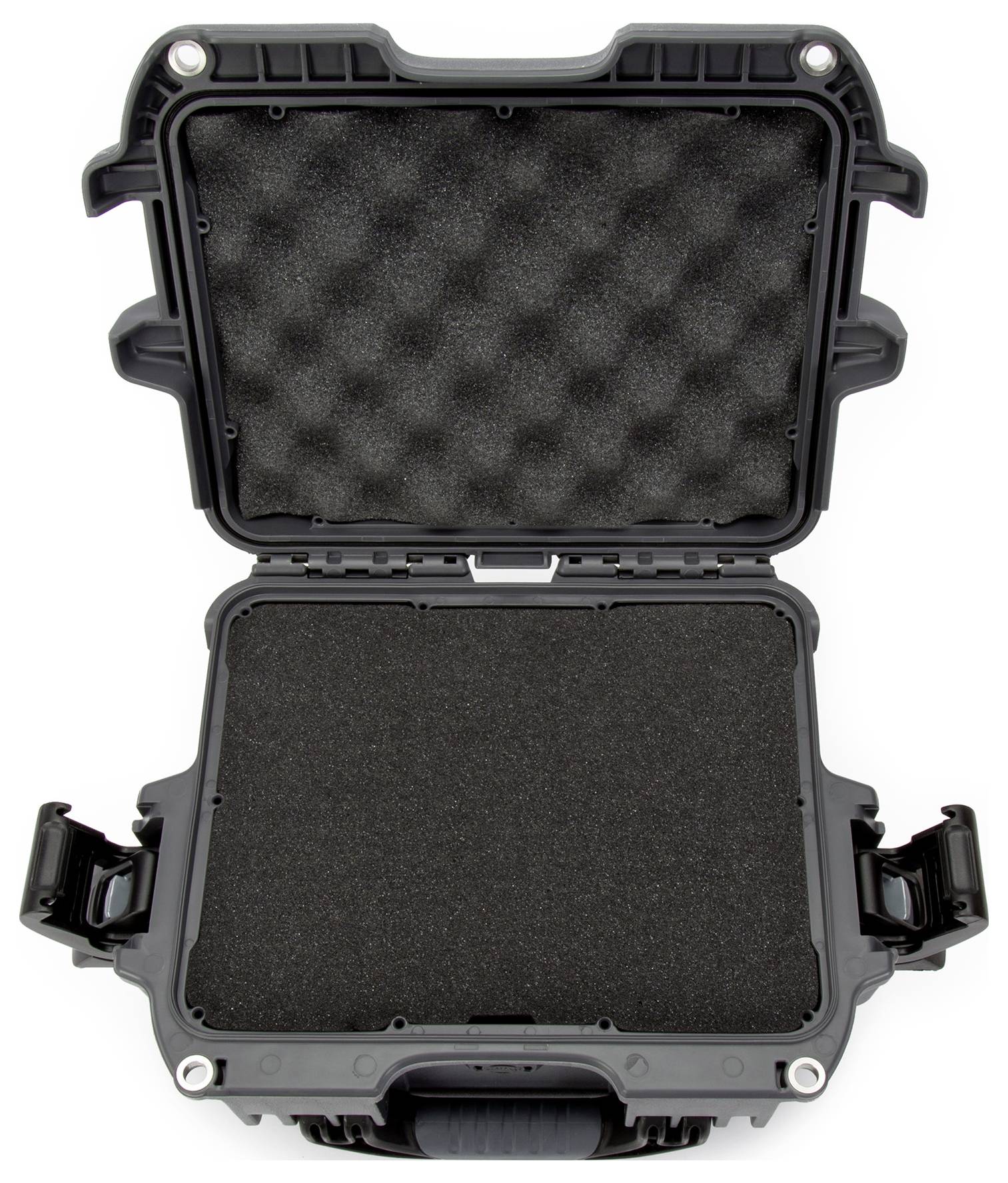 An opened, empty, robust protective case with foam padding, ideal for the secure transportation of delicate items.