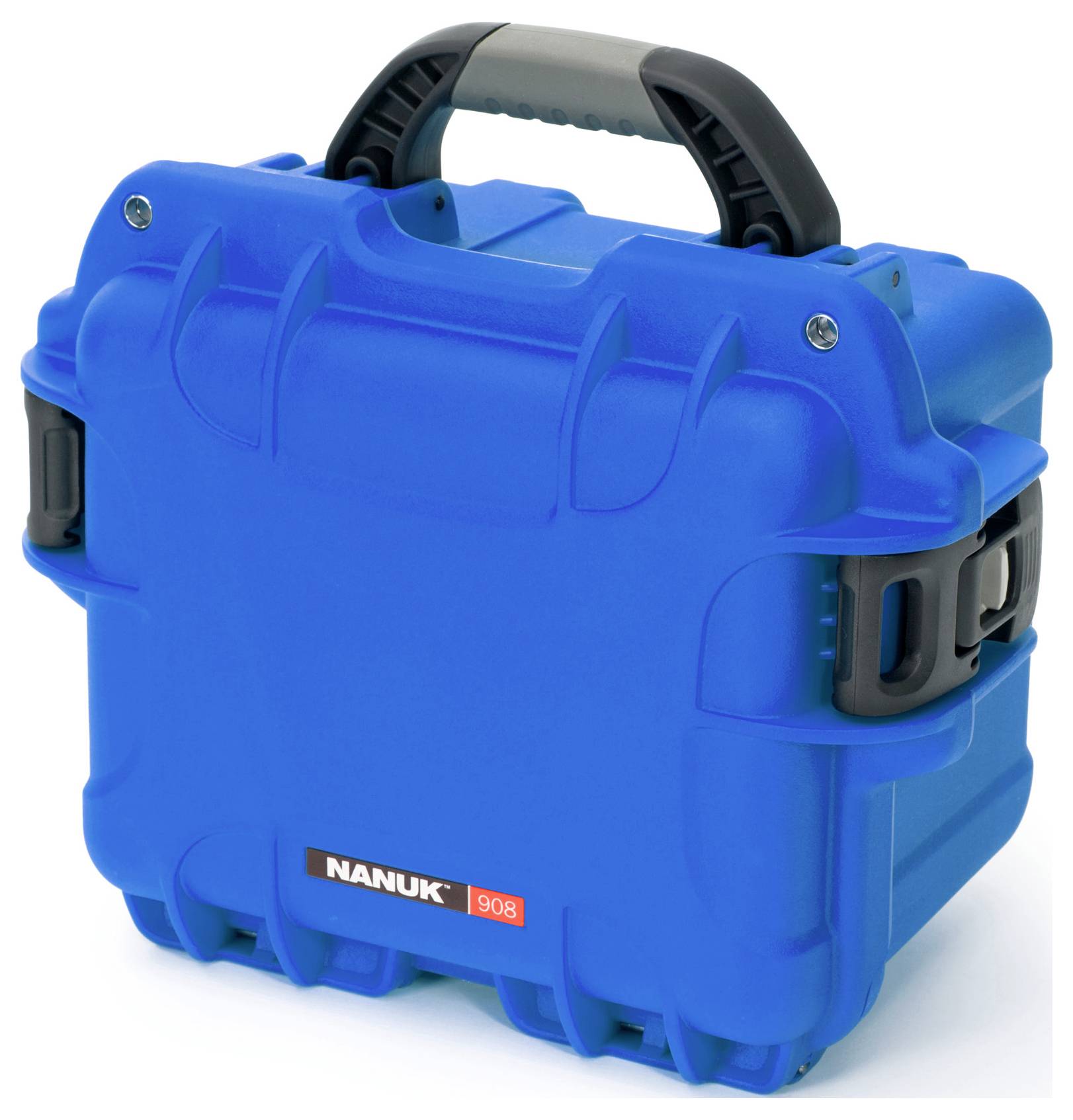 Blue, robust suitcase with black handle, model 'Nanuk 908'. Suitable for the secure transportation of delicate items.