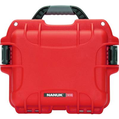 Red, sturdy suitcase with handle, inscribed 'NANUK 908', suitable for safely transporting delicate items.